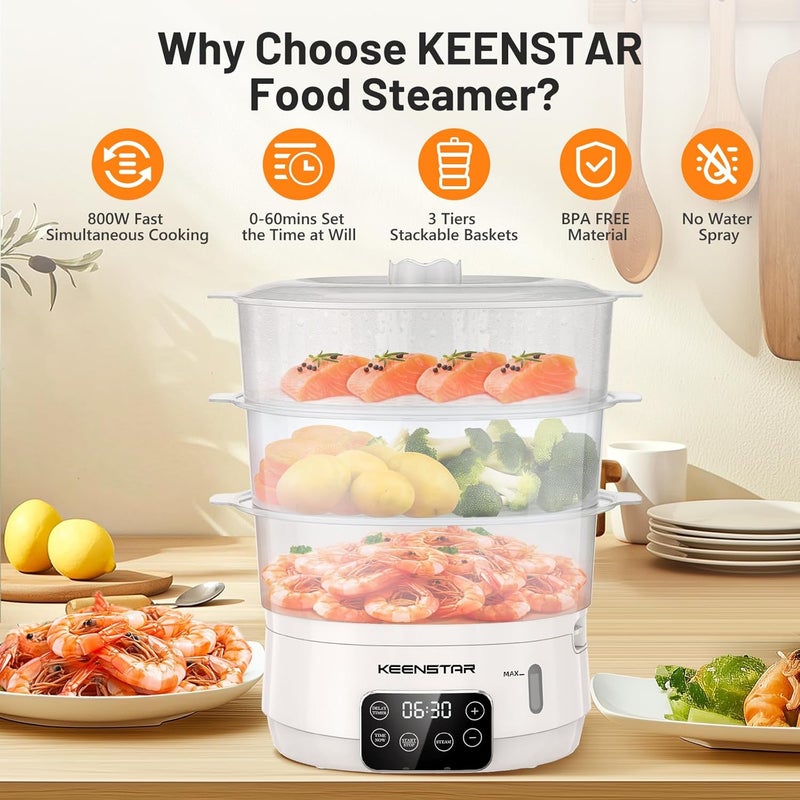 KEENSTAR بخار طعام كهربائي، بخار خضار سعة 13.7QT مع سلال خالية من BPA بثلاثة مستويات، بخار رقمي مع مؤقت وتعيين، طهي متزامن 800 واط، مثالي للخضار والمأكولات البحرية والأرز الأبيض - Image 3
